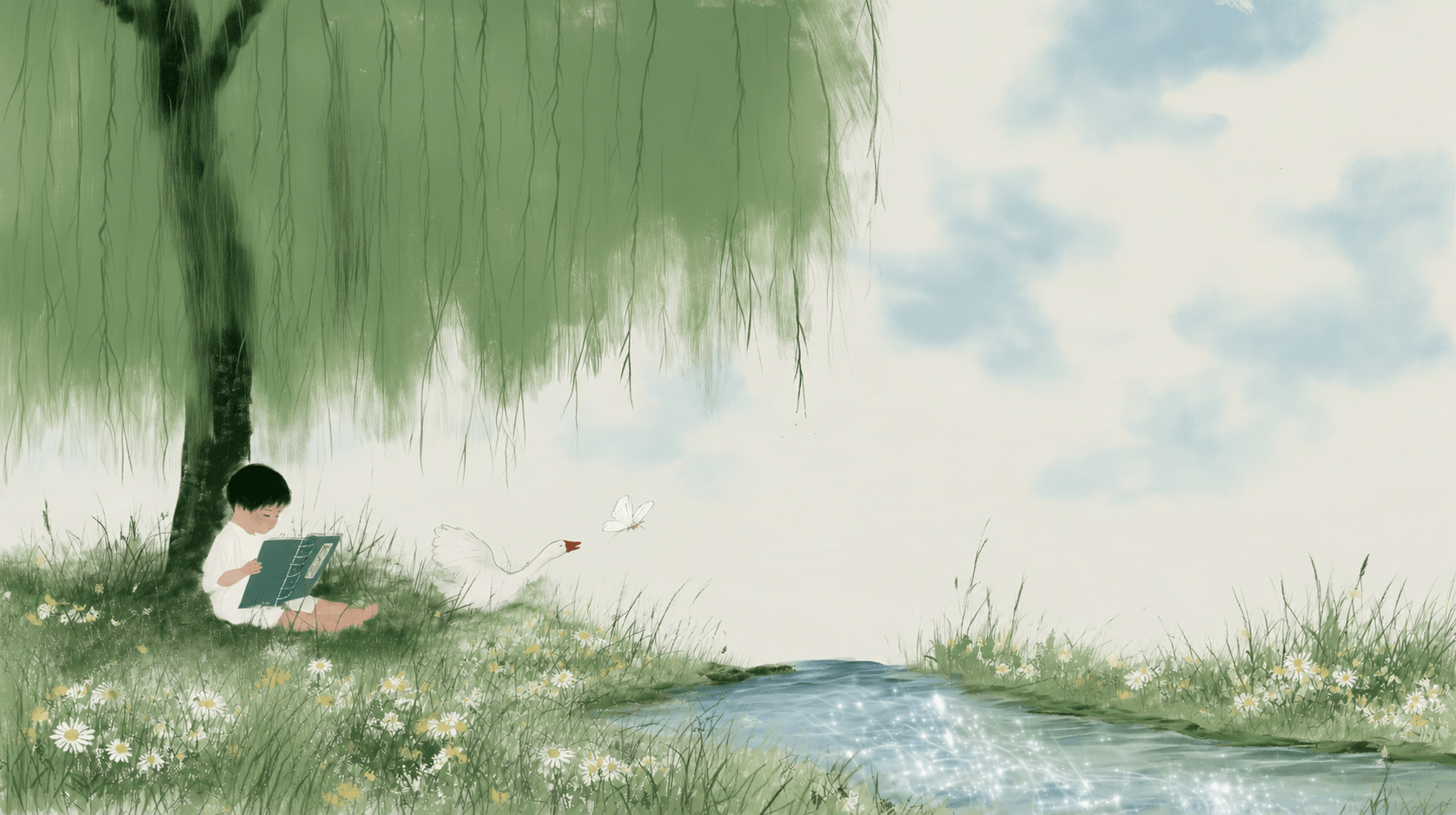 A child reading under a weeping willow while a white goose watches a butterfly beside a stream